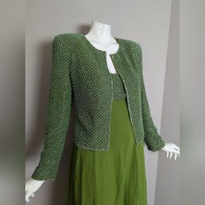 Rena Lange Vintage 3-Piece 100% Silk Beaded Set | Dress, Pants & Jacket | Green